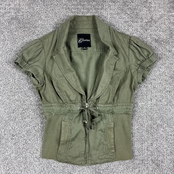 Guess Jacket Womens Medium Olive Green Linen Y2K Cropped Short Sleeve Drawstring - Picture 1 of 8